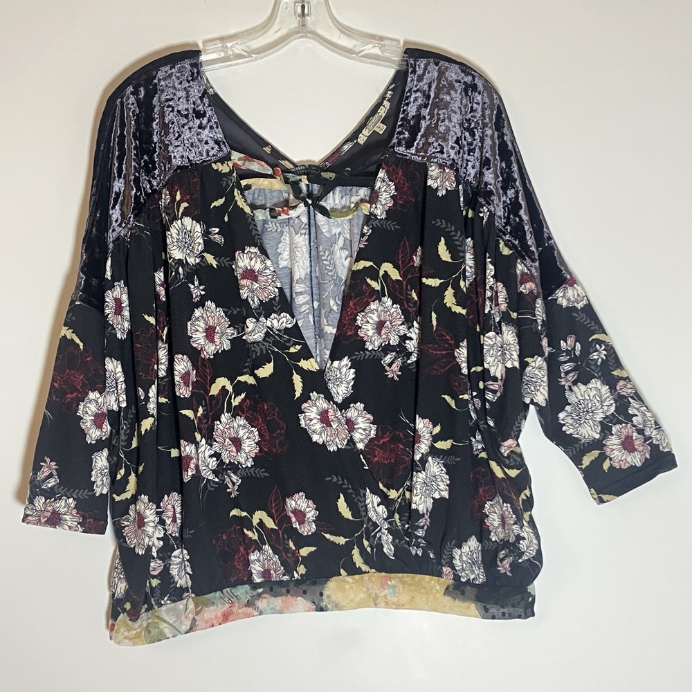 Gimmicks Top Womens Large Floral Boho Blouse Art to Wear Flowy Gothic Mixed Fab